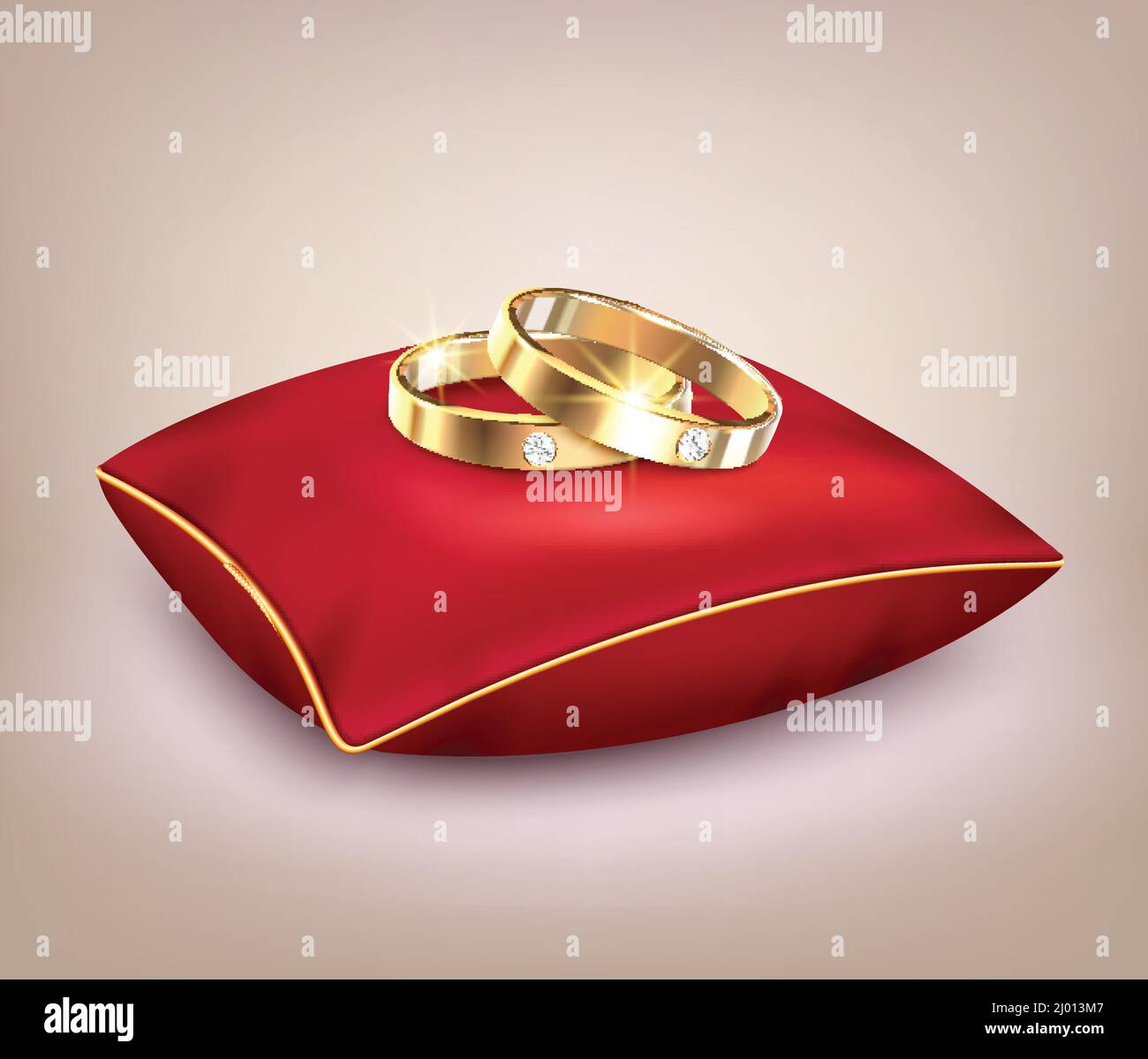 Zwei goldene Hochzeitsringe mit Diamanten auf rotem Zeremonialkissen Realistische Hintergrundvektordarstellung Stock Vektor