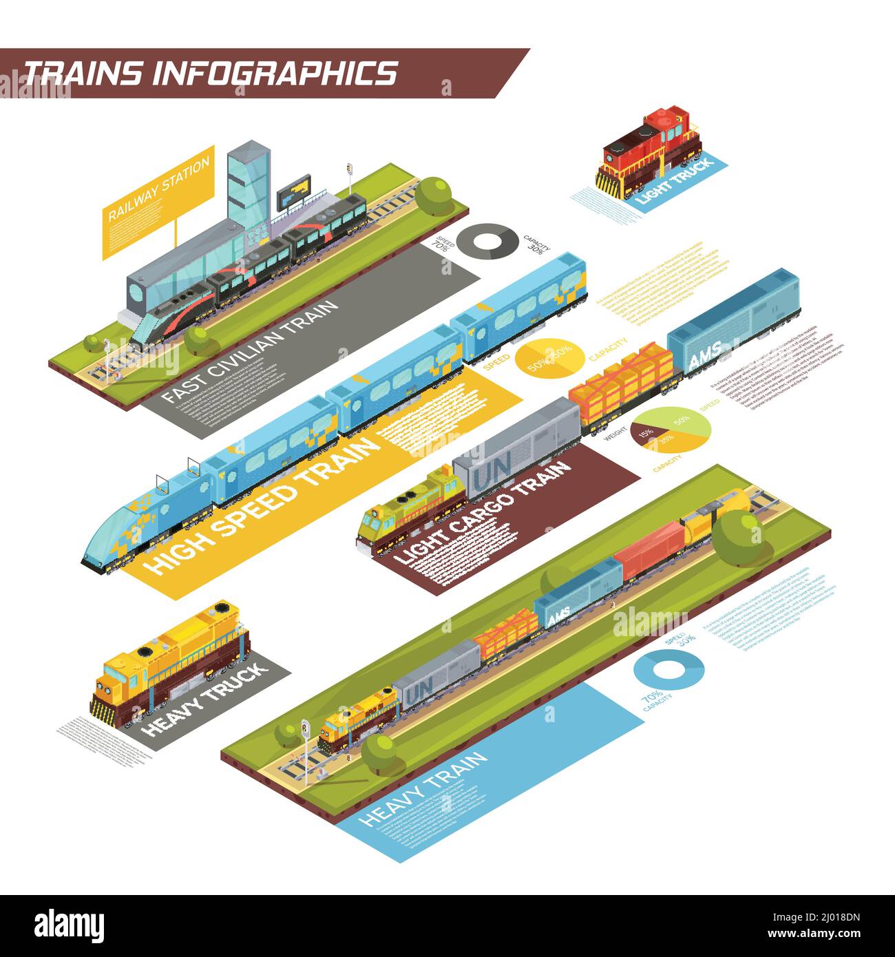 Züge Infografiken mit isometrischen Bildern von Lok leicht und schwer LKW Hochgeschwindigkeitsverkehr Passagier-und Güterzüge Vektor-Abbildung Stock Vektor