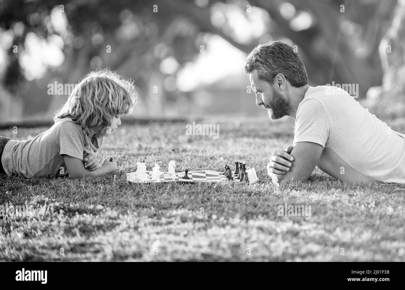 Glückliche Familie von Vater und Sohn Junge spielen Schach auf grünem Gras im Park im Freien, Familie Stockfoto