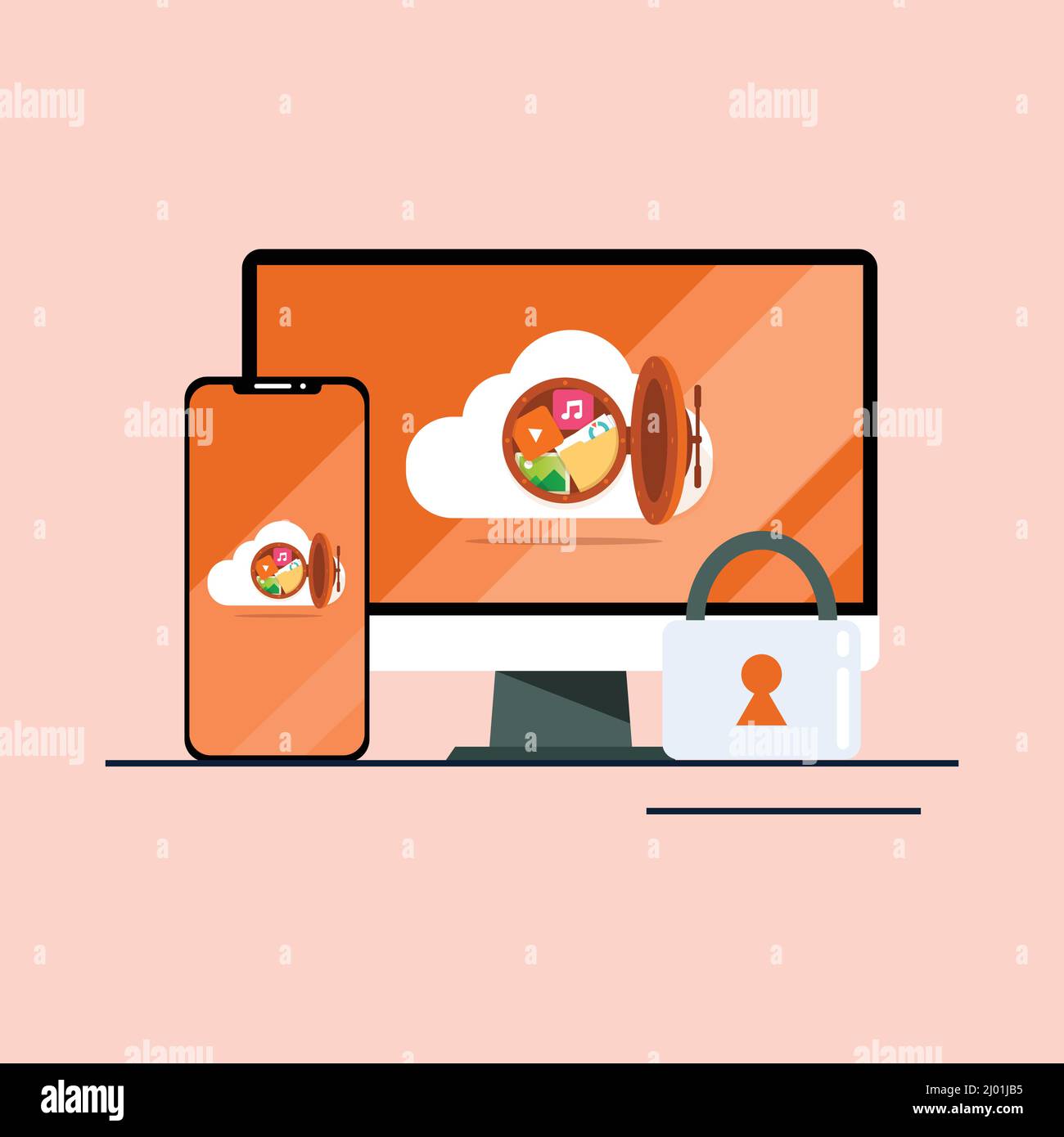 Sicheres Cloud-Dokument mit Computer- und mobilem Flat-Design Stock Vektor