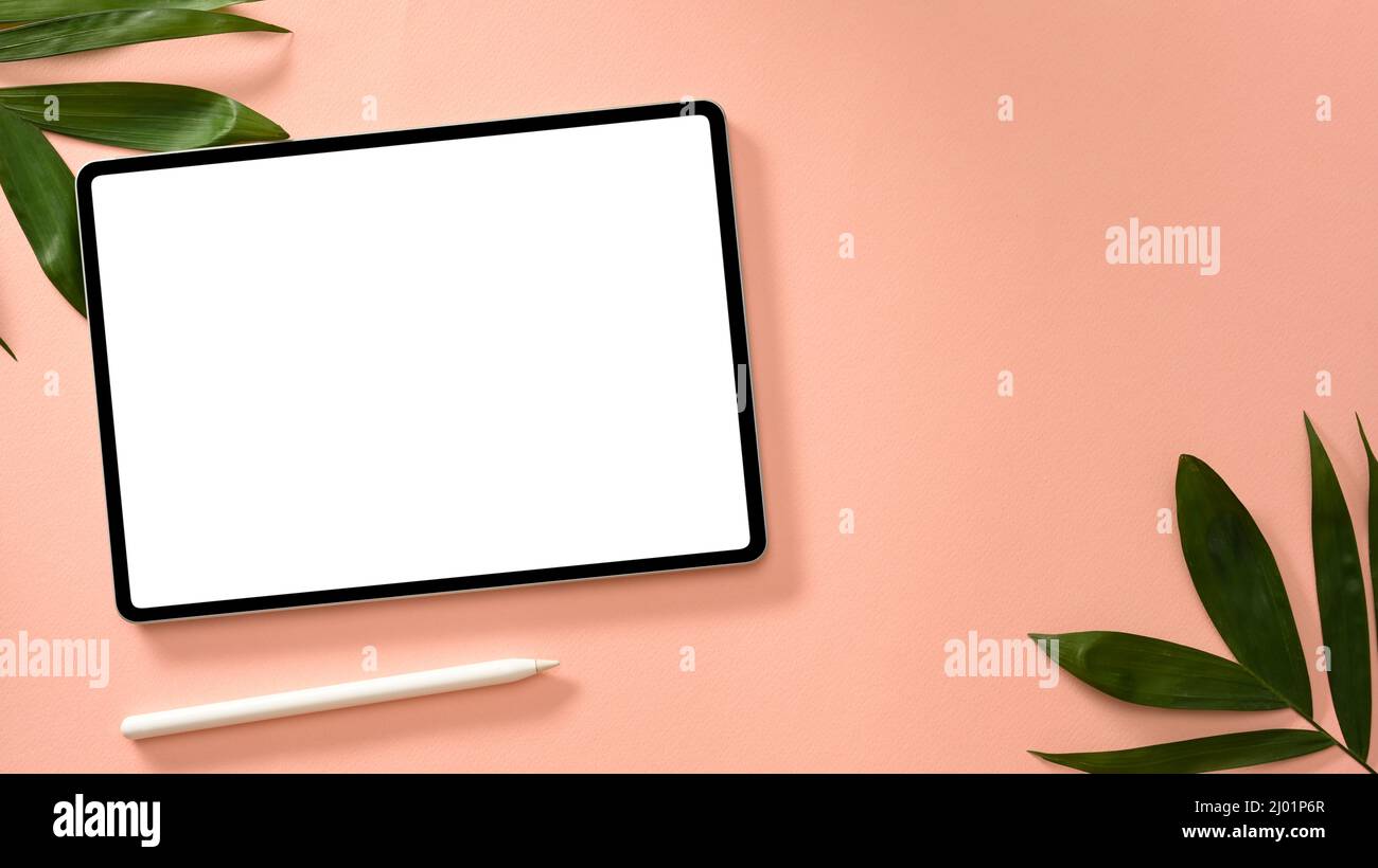 Overhead Shot, Touchpad des digitalen Tablets mit leerem Bildschirm, Stylus Pen und Handflächenblättern auf rosa Hintergrund. Stockfoto