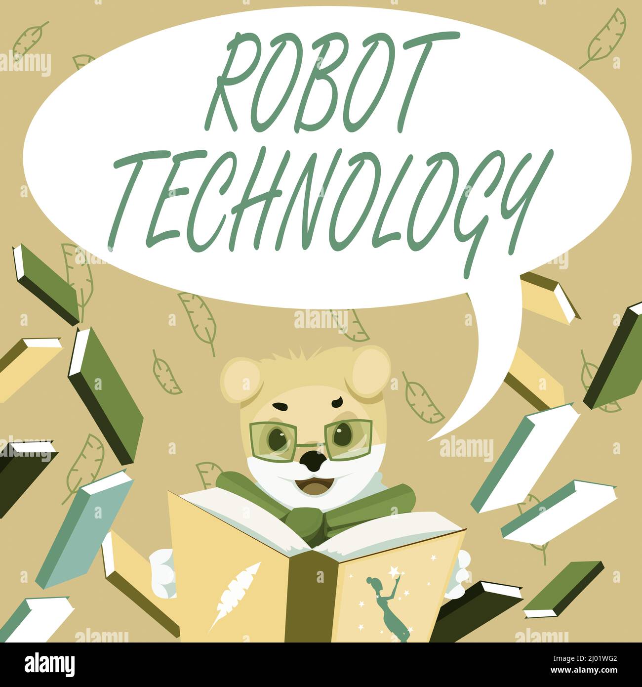 Textunterschrift zur Darstellung der Robotertechnologie. Geschäftsansatz entwickeln Sie Maschinen, die den Menschen ersetzen können Aufgabe Fox mit Brille sitzen in der Bibliothek Stockfoto