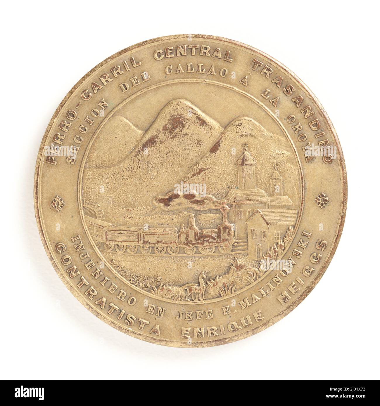Medaille zur Erinnerung an die peruanische Eisenbahn/ Henry Meiggs: Die Strecke von Callao nach Oroya. Peru, Lima, 1870. Schmuck und Schmuck; Medaillen. Gelbliches Messing (?) Stockfoto