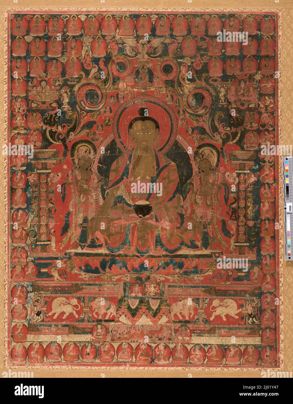 Der Oberste Arzt (Bhaishajyaguru) und seine Himmlische Versammlung. Westtibet, Guge, 15.. Jahrhundert. Gemälde. Mineralische Pigmente auf Baumwolltuch Stockfoto