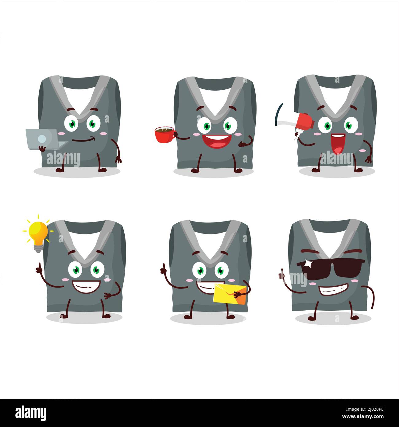 Graue Schulweste Zeichentrickfigur mit verschiedenen Arten von Business-Emoticons. Vektorgrafik Stock Vektor