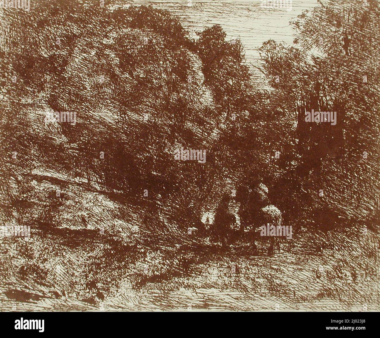 Le Cavalier en forêt et le piéton. Jean-Baptiste-Camille Corot (Frankreich, Paris, 1796-1875). Frankreich, 1854. Ausdrucke. Cliché-verre (Albumdruck in Brauntönen) Stockfoto