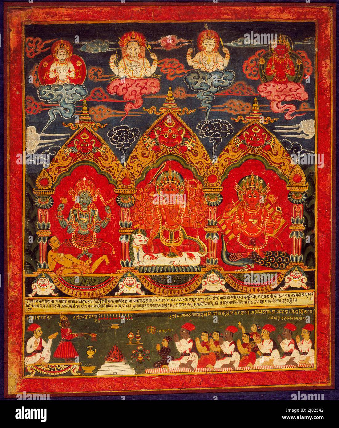 Drei Muttergöttin (Matrikas): Mahalakshmi flankiert von Chamunda (links) und Kaumari (rechts). Nepal, Bhaktapur, 1679. Gemälde. Mineralische Pigmente auf Baumwolltuch Stockfoto