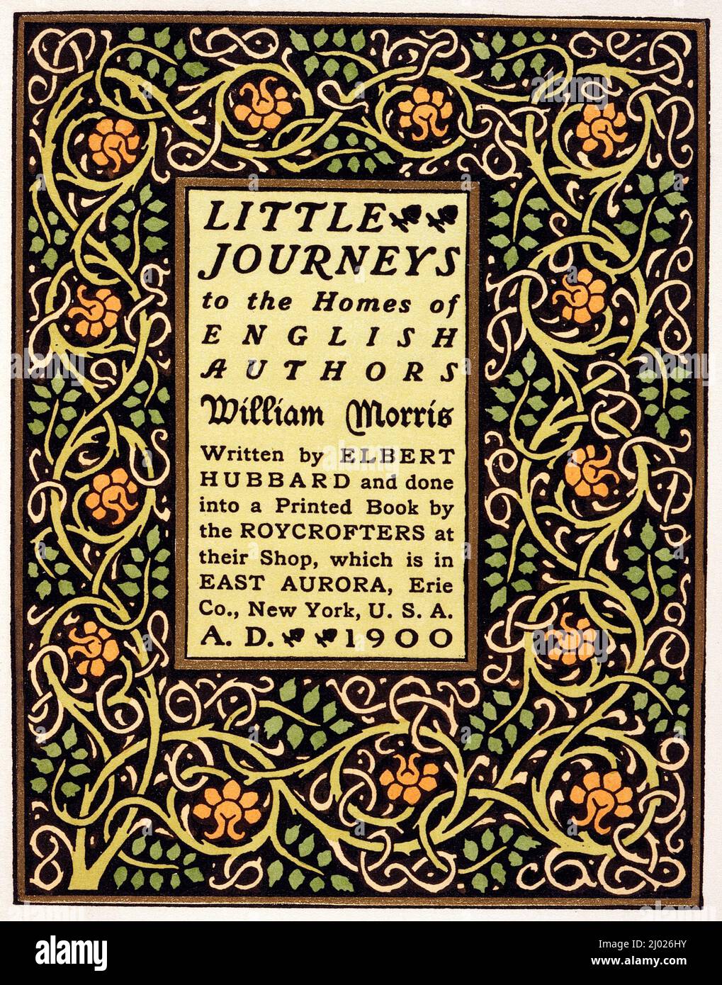 Buch, 'Little Journeys to the Homes of English Authors: William Morris' von Elbert Hubbard. Roycroft Press (Vereinigte Staaten, New York, East Aurora, 1895-1938)Samuel Warner (England, aktive Vereinigte Staaten, 1872-1947). Usa, 1900. Bücher. Einband: Papier mit Stoffrücken; Seiten: Tusche auf Stoffpapier Stockfoto