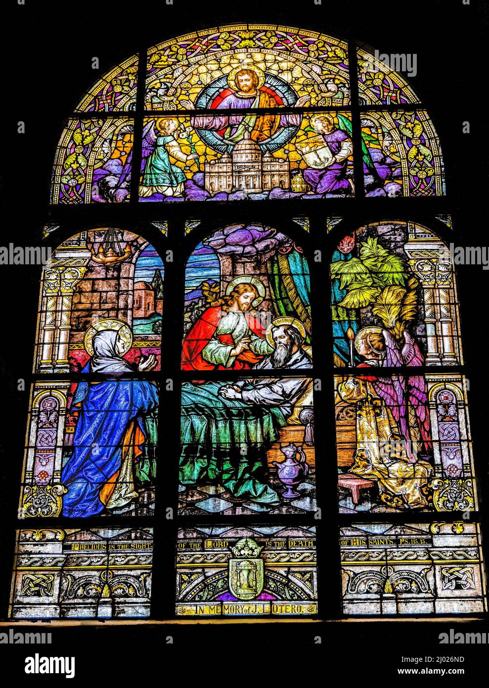 Tod von Joseph Mary Baby Jesus Glasmalerei Basilika Kirche Unbefleckte Empfängnis Selige Mary Phoenix Arizona gegründet 1881 wieder aufgebaut Glasmalerei Fr. Stockfoto