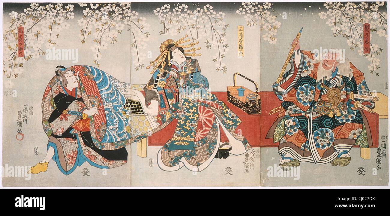 Ichikawa Kodanji IV als hige no Ikyū, Bandō Shūka I als Miuraya Agemaki und Ichikawa Danjūrō VIII als Agemaki no Sukeroku im Stück Sukeroku kuruwa no hanamidoki. Utagawa Kunisada (Toyokuni III) (Japan, Edo, 1786-1865). Japan, 1850. Drucke; Holzschnitte. Triptychon; Farbholzschnitte Stockfoto