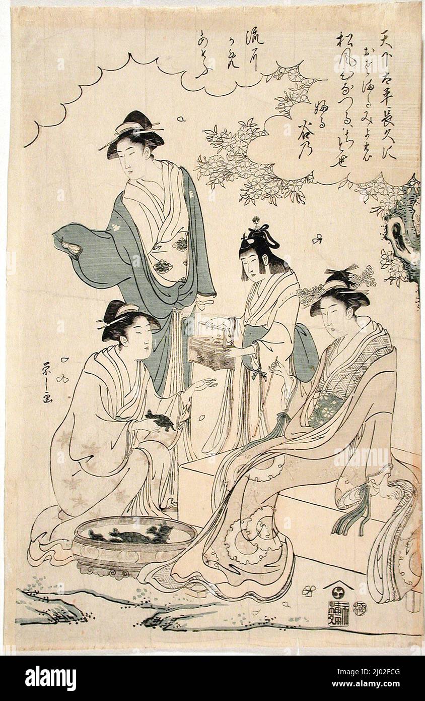 Damen sehen Kirschblüten neben einem Bach. Chōbunsai Eishi (Japan, 1756-1829). Japan, um 1793. Drucke; Holzschnitte. Triptychon; Farbholzschnitte Stockfoto