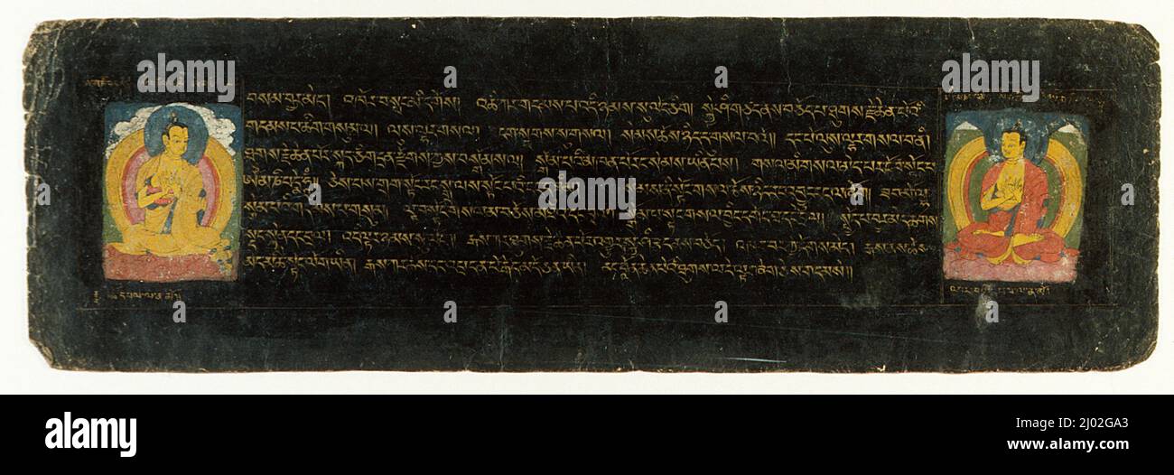 Zwei Buddhas; Folio aus einem Gyalpo Kachem (Testament und Testament des Königs). Zentraltibet, um 1500. Manuskripte. Undurchsichtiges Aquarell und Gold auf Papier Stockfoto