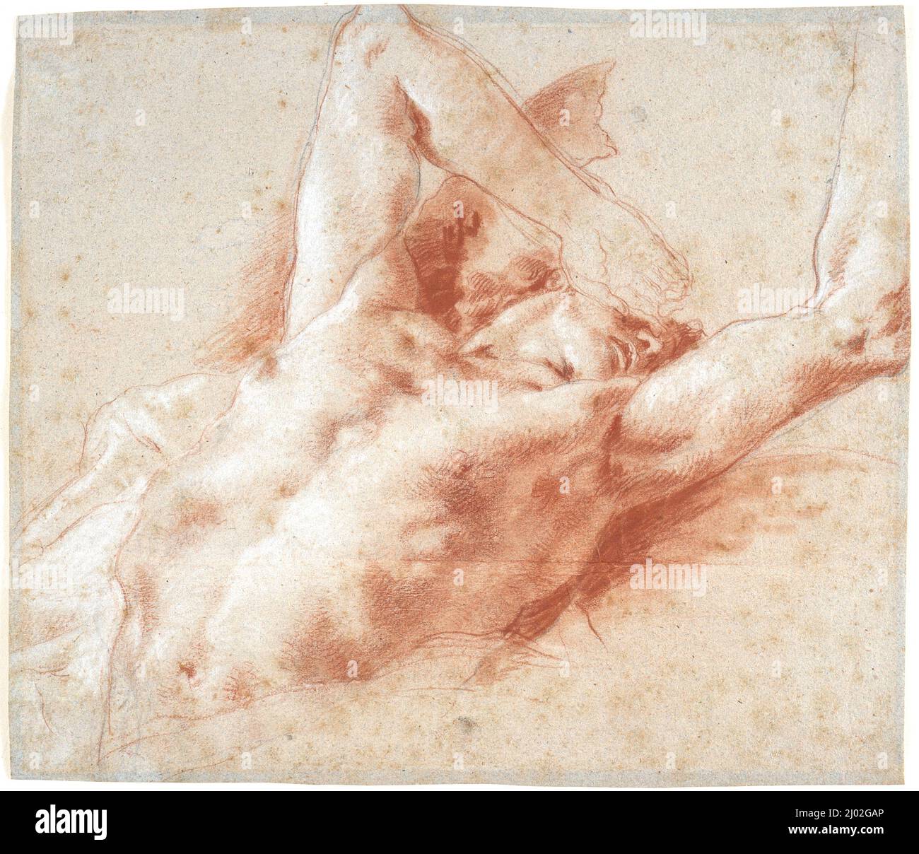 Ein gefallener Engel. Giovanni Battista Tiepolo (Italien, Venedig, 1696-1770). Italien, um 1752. Zeichnungen. Rot-weiße Kreide, über Spuren schwarzer Kreide, auf verblichenem blauem Papier Stockfoto