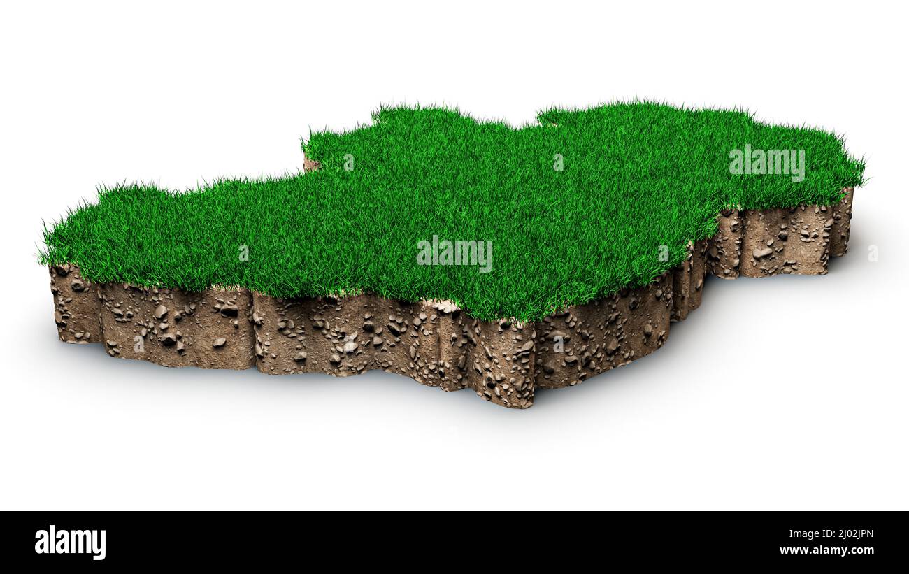 3D illustrierte Karte von Irland mit Gras und Bodenkreuz isoliert auf weißem Hintergrund Stockfoto
