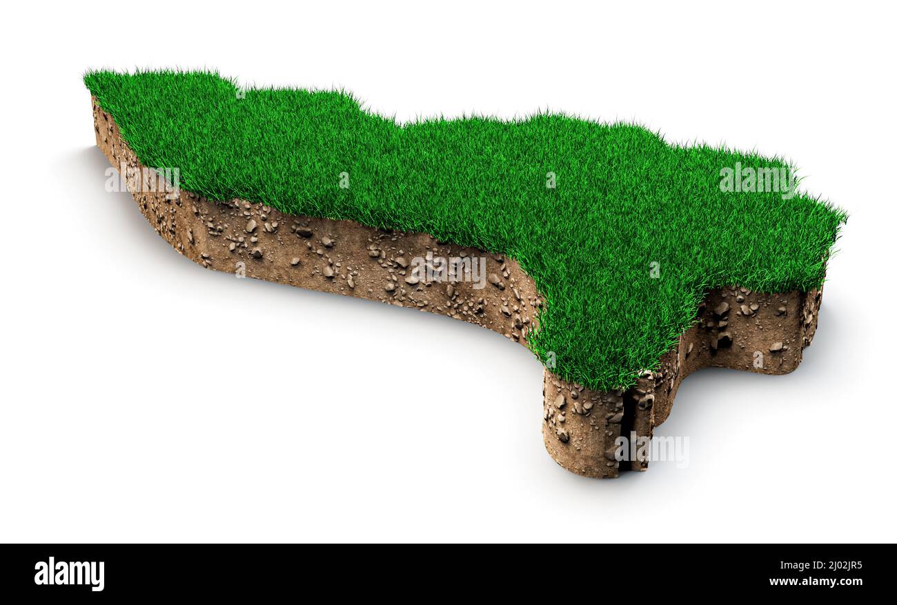 3D illustrierte Karte von Liechtenstein mit Gras und Bodenkreuz isoliert auf weißem Hintergrund Stockfoto