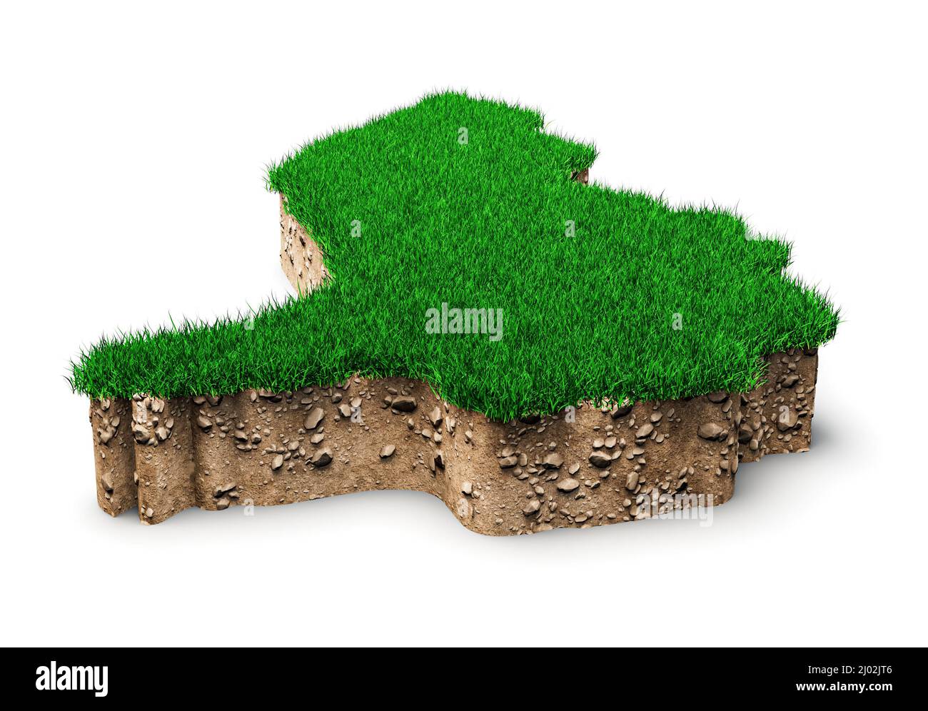 3D illustrierte Karte von Liechtenstein mit Gras und Bodenkreuz isoliert auf weißem Hintergrund Stockfoto