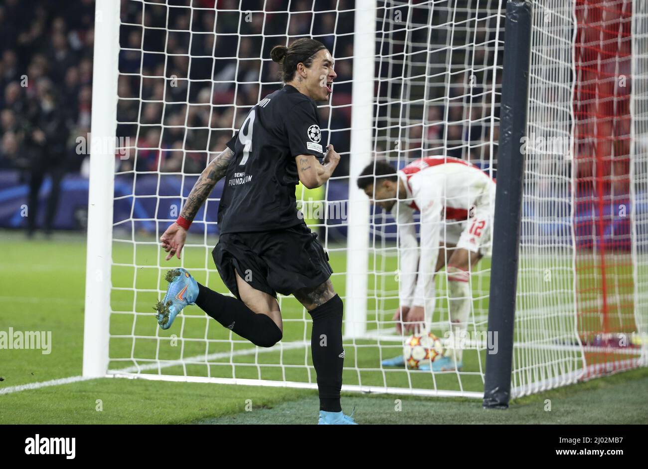 Amsterdam, Niederlande - 15. März 2022, Darwin Nunez von Benfica feiert sein Siegtreffer während der UEFA Champions League, der Runde der 16-Bein-Fußballspiele 2. zwischen AFC AJAX Amsterdam und SL Benfica Lissabon am 15. März 2022 in der Johan Cruijff Arena in Amsterdam, Niederlande - Foto: Jean Catuffe/DPPI/LiveMedia Stockfoto