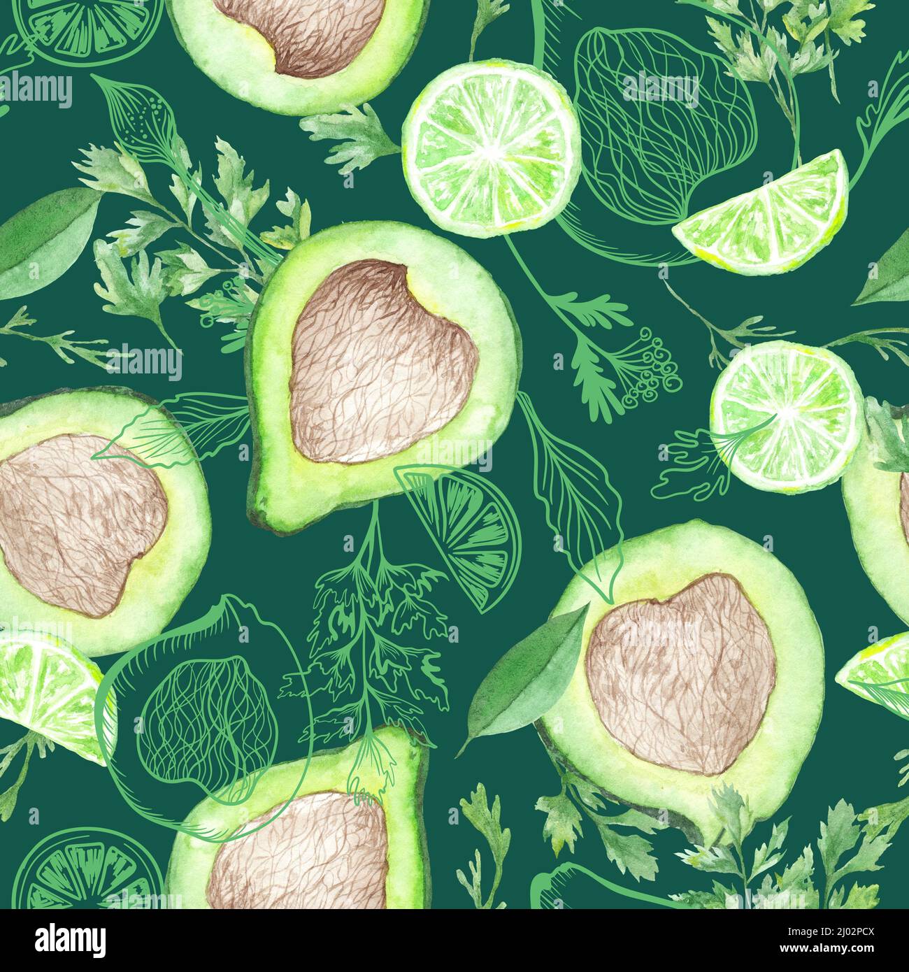 Gesundes Essen Superfood Handgemalter Hintergrund mit Avocado, Limette und Kräutern Stockfoto