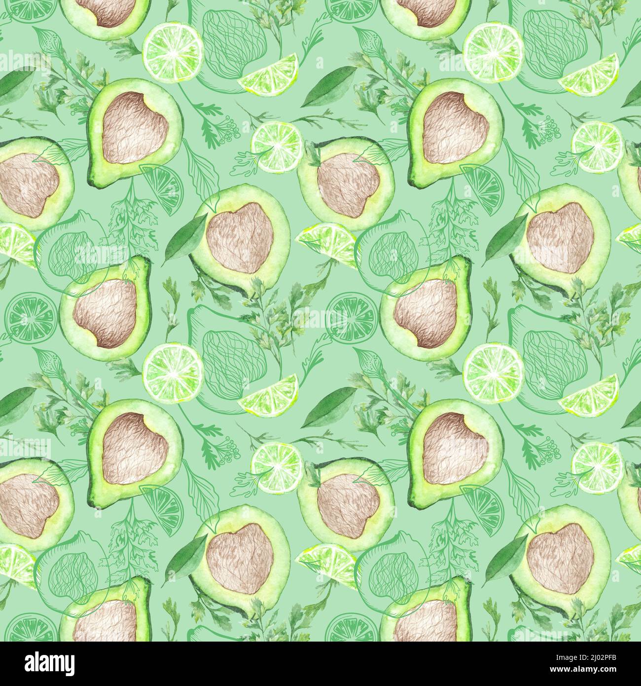 Gesundes Essen Superfood Handgemalter Hintergrund mit Avocado, Limette und Kräutern Stockfoto