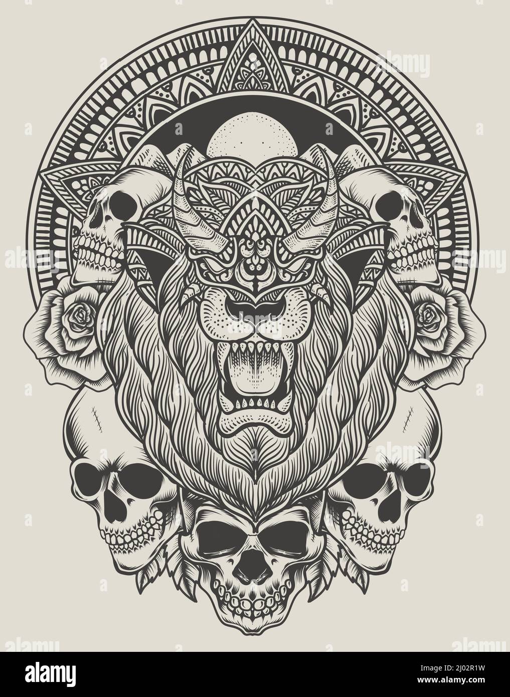 Illustration Löwenkopf mit Totenkopf und Rosenblüte Stock Vektor