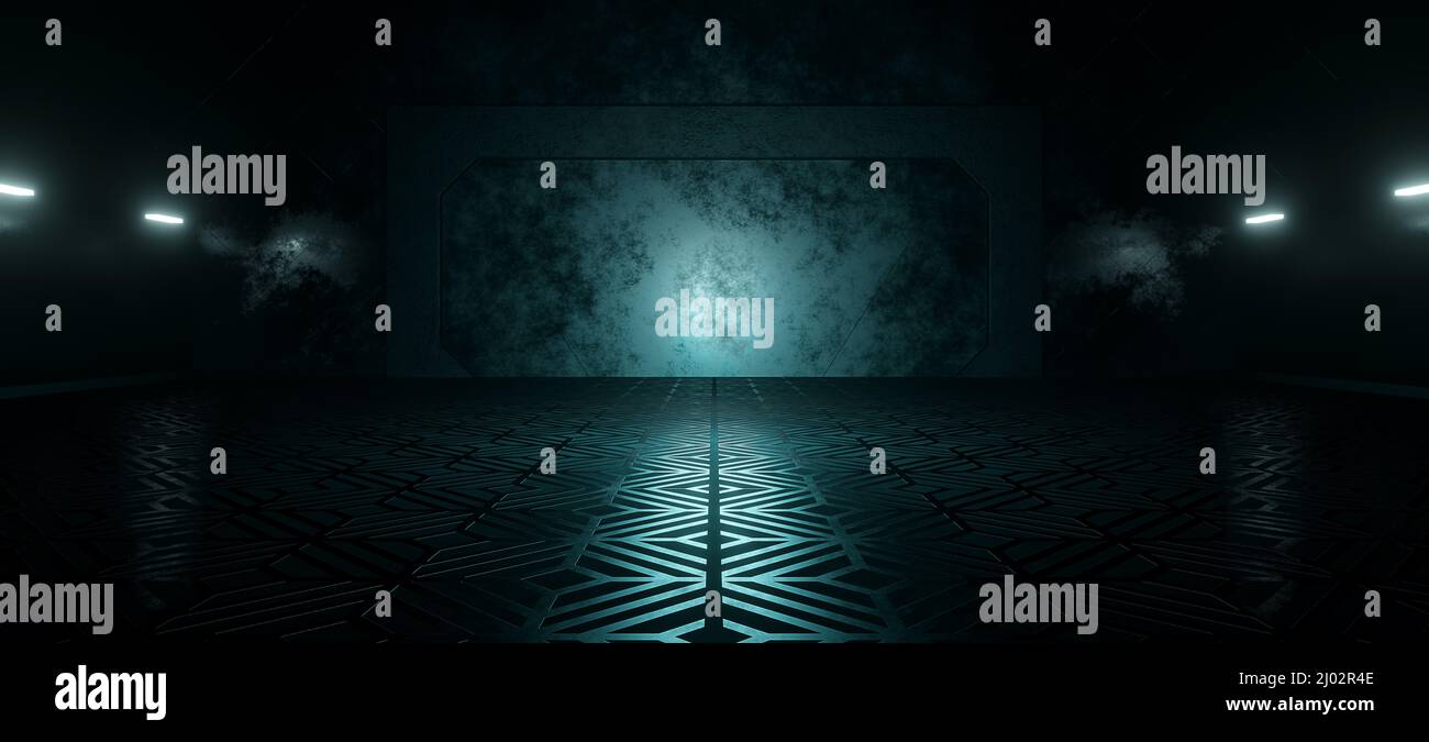 Leerer leerer SciFi Innenraum Technologie Raum Glowy Hellblau Grün Farben futuristischer Hintergrund für Präsentationsvorlagen 3D Render Stockfoto