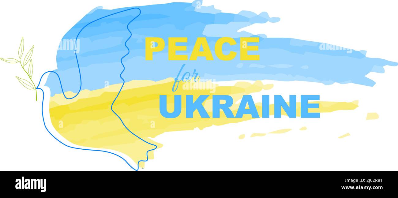 Friedenstaube mit der Farbe der ukrainischen Nationalflagge. Inschrift Frieden für die Ukraine. Zweig des Olivenbaums. Stoppt die russische Aggression. Stock Vektor