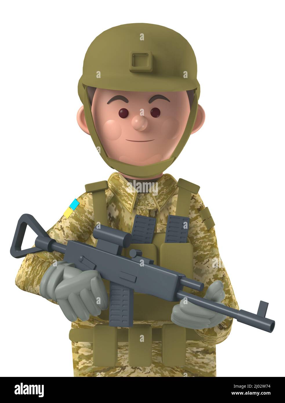 Cartoon Charakter 3D Avatar ukrainischen männlichen Soldaten in Kampfausrüstung auf weiß isoliert Stockfoto