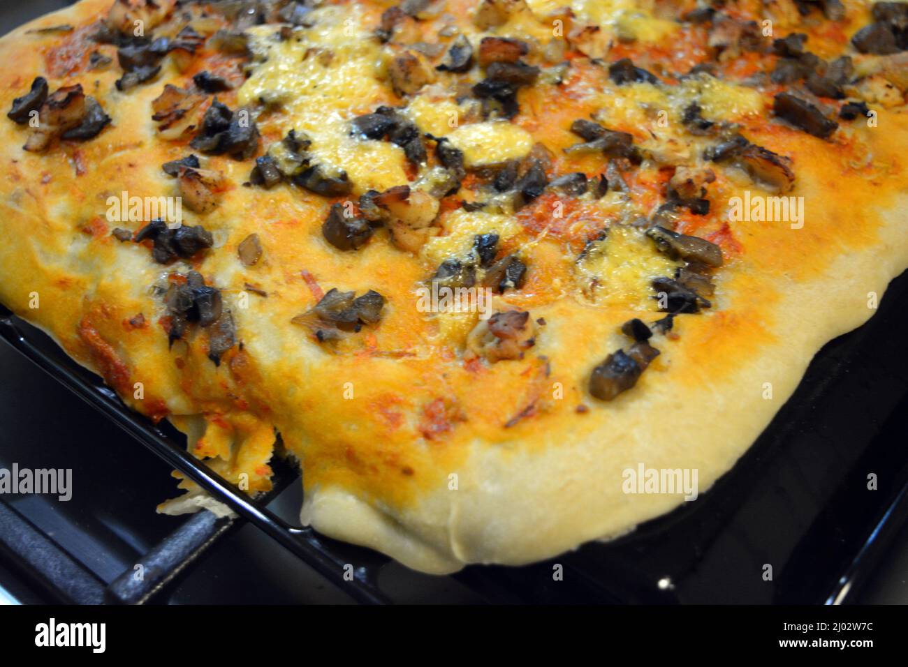 Küche, kochen köstliche Mahlzeiten. Eine große hausgemachte Pizza mit Fleisch, Pilzen, Ananas und Käse auf einem großen Blechblech. Stockfoto