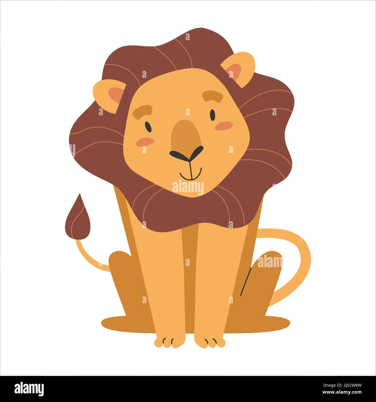 Niedlicher Löwe lächelt, wildes afrikanisches Safari-Tier, Vektorzeichnung isoliert auf weißem Hintergrund, Aufkleber oder Poster für Kinder Stock Vektor