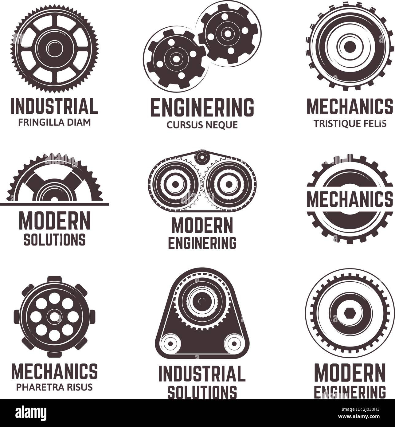 Logos von mechanischen Zahnrädern, Etiketten für die Konstruktion von Motormechanikern. Moderne Metallgetriebe Symbole Vektor Illustration Set. Abzeichen für Maschinenteile Stock Vektor