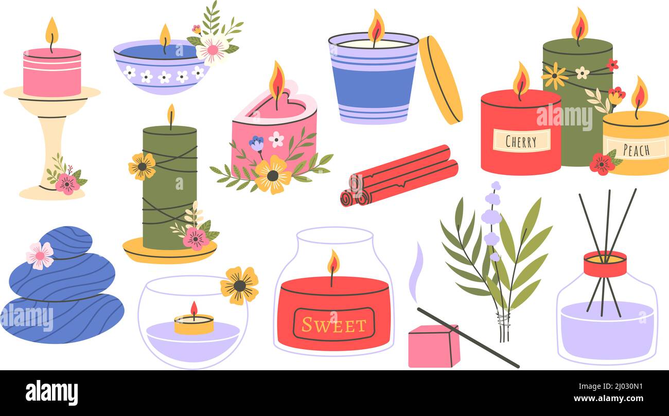 Duftkerzen, Duftkerzen mit Aromatherapie-Wachs, gemütliches Wohnaccessoire. Paraffin Aroma Therapie dekorative Kerzen Vektor Illustration Set. Zeichentrickfilm Stock Vektor