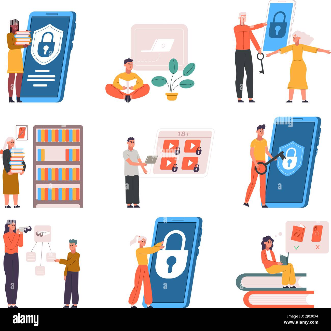 Digitale Steuerung der Eltern, Software-Inhalte für Kinder und Medienzugriff. Sichere soziale Medien und Internet für Kinder Vektor-Illustration-Set. Eltern von Kindern Stock Vektor
