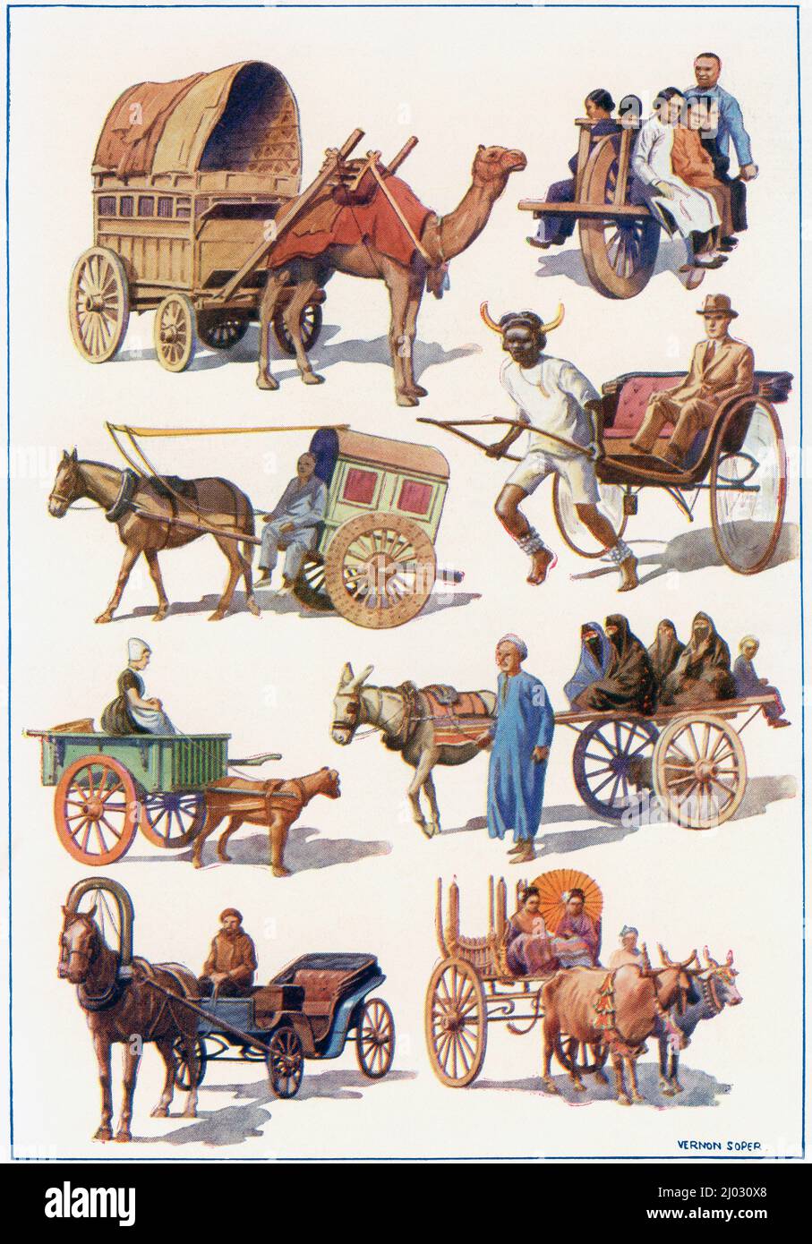 Fahrzeuge der Welt - von links oben nach rechts - indischer Kamelwagen, chinesischer Einrad-Schubkarre, chinesischer Kippkarren, südafrikanische Rikscha, niederländischer Hundewagen, Ägyptischer Wagen, russischer Droschky, birmanischer Wagen. Aus dem Wunderland des Wissens, erschienen um 1930 Stockfoto
