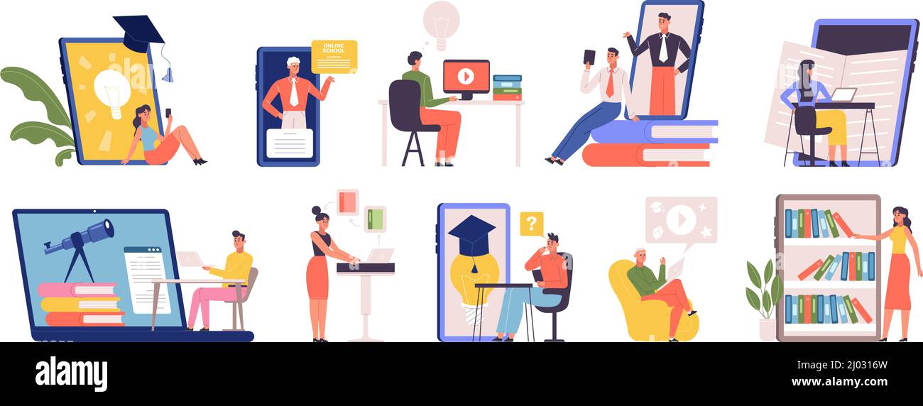 Online-Bildung, Video-Sprachtraining, digitaler Workshop, E-Learning-Konzept. Online-Lernen zu Hause durch Videoanruf-Vektor-Illustration-Set. E Stock Vektor