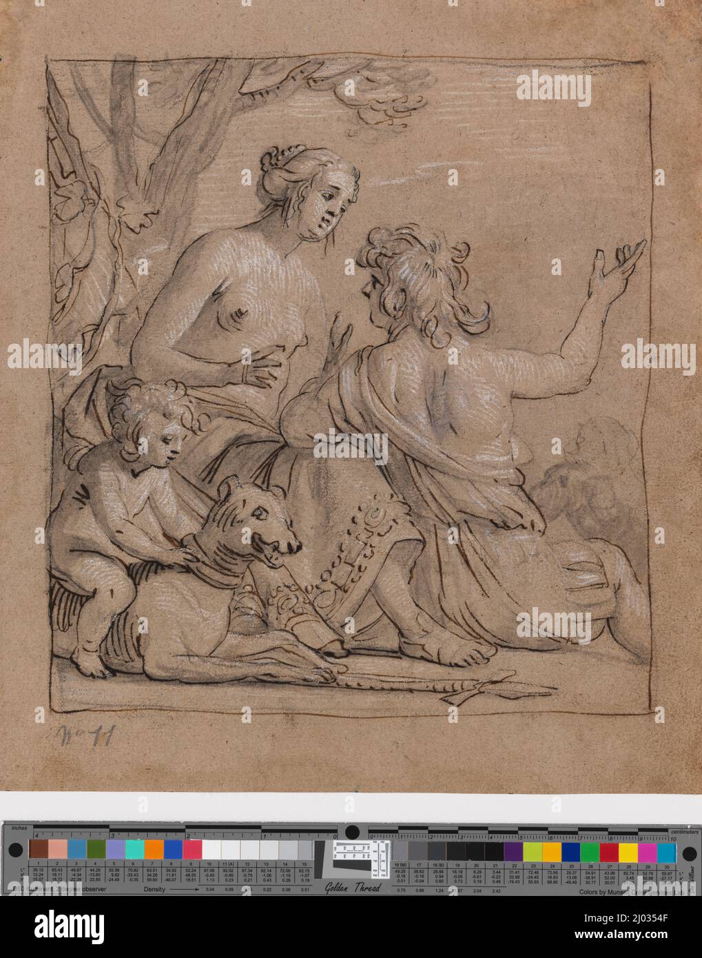 Mars und Venus in einer Landschaft mit Eros auf einem Hund. Gerrit van Honthorst (Niederlande, Utrecht, 1590-1656, tätig in Italien und England). Um 1630. Zeichnungen. Schwarze Kreide, braune Tinte, graue Wäsche und weiße Akzente auf graubraunem Papier mit Bleistiftspuren Stockfoto