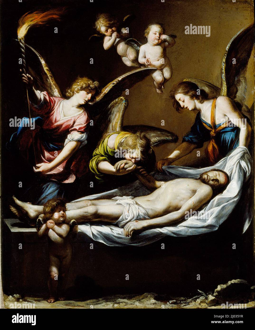 Toter Christus mit beklammenden Engeln. Antonio del Castillo y Saavedra (Spanien, 1616-1668). Spanien, 1650. Gemälde. Öl auf Kupfer Stockfoto