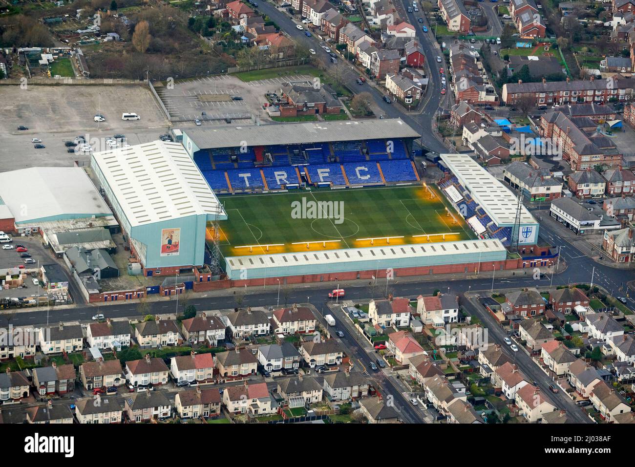 Eine Luftaufnahme des Prenton Park, Heimstadion des Tranmere Rovers FC, Wirral, Nordwestengland, Großbritannien Stockfoto
