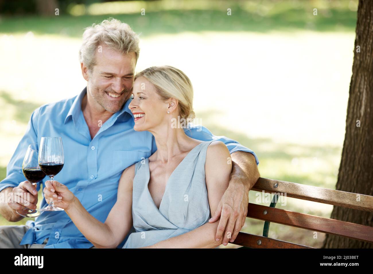 Gemeinsam etwas Zeit nehmen. Glückliches reifes Paar, das seine Liebe mit zwei Gläsern Wein im Freien toaste. Stockfoto