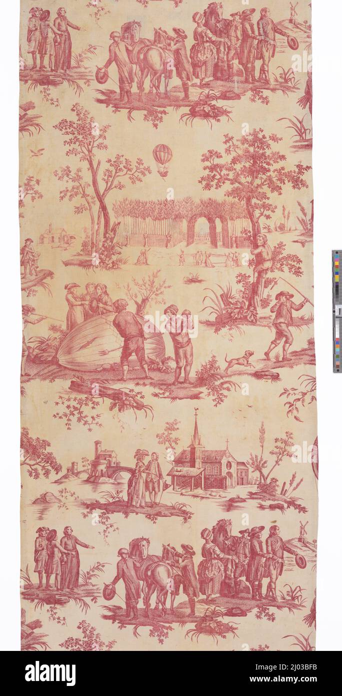 Stofffragmente, 'Le Ballon de Gonesse'. Frankreich, Jouy, um 1784. Textilien; Fragmente. A) Leinwandbindung aus Baumwolle, Kupferstich, Beilageingefärbt b) bedruckte Baumwolle aus Baumwolle mit Kupferstich, Leinwandbindung Stockfoto