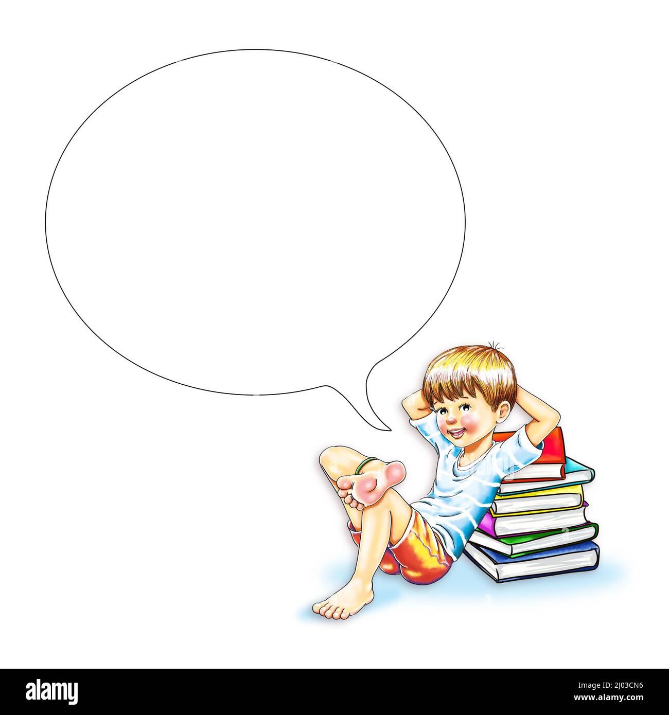 Boy sitzt barfuß friedlich lächelt entspannt auf Stapel von Büchern bequem gelehnt. Schüler Student Hände kreuzten hinter seinem Kopf Sprechblase freien Raum Stockfoto