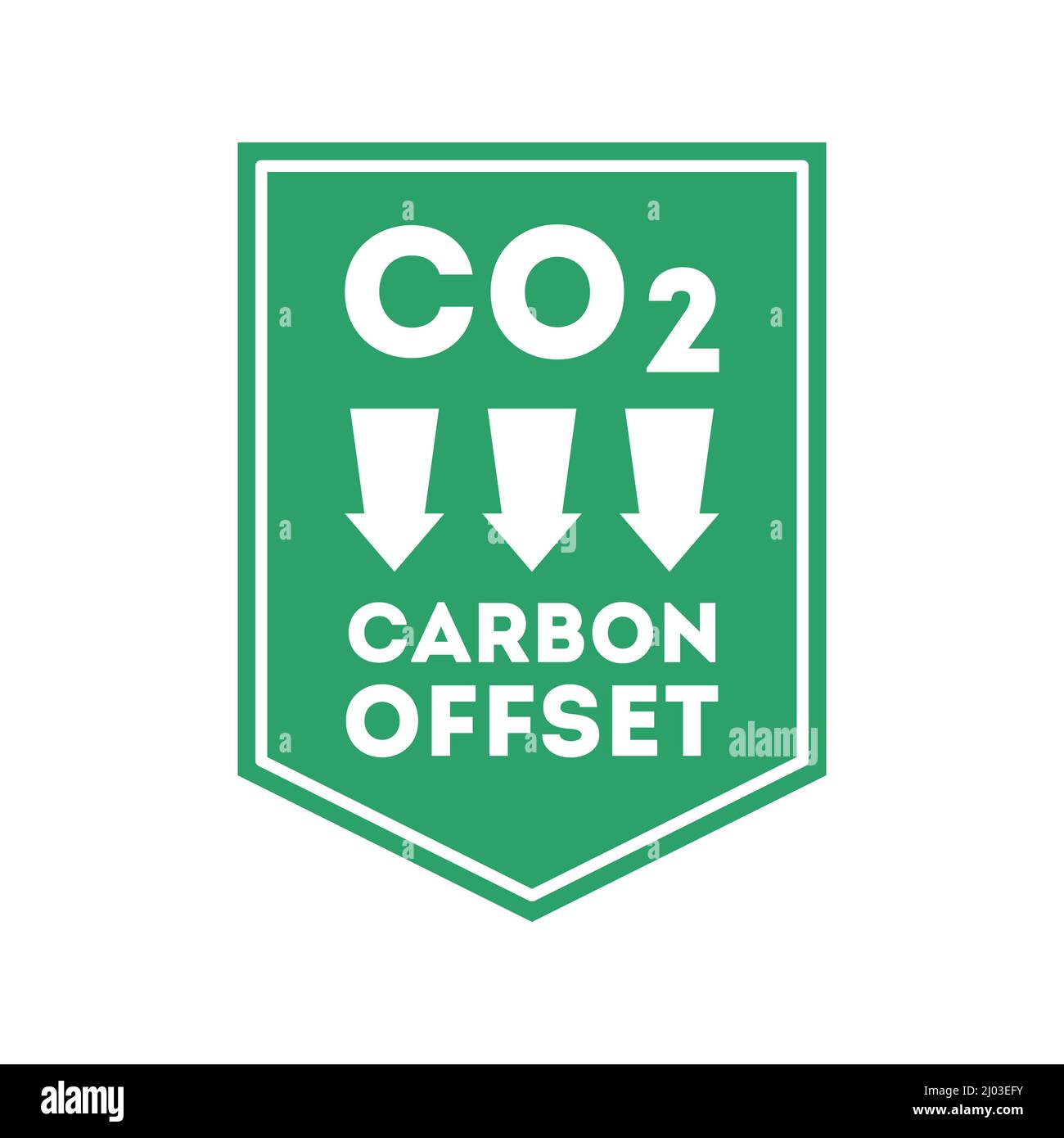 CO2-Offset-Etikett oder -Schild. Reduzierung der Treibhausgase. CO2 Versatzwarnung. Kohlendioxid mit Pfeil nach unten auf grünem Hintergrund. Schluss mit der Umweltverschmutzung. Stock Vektor