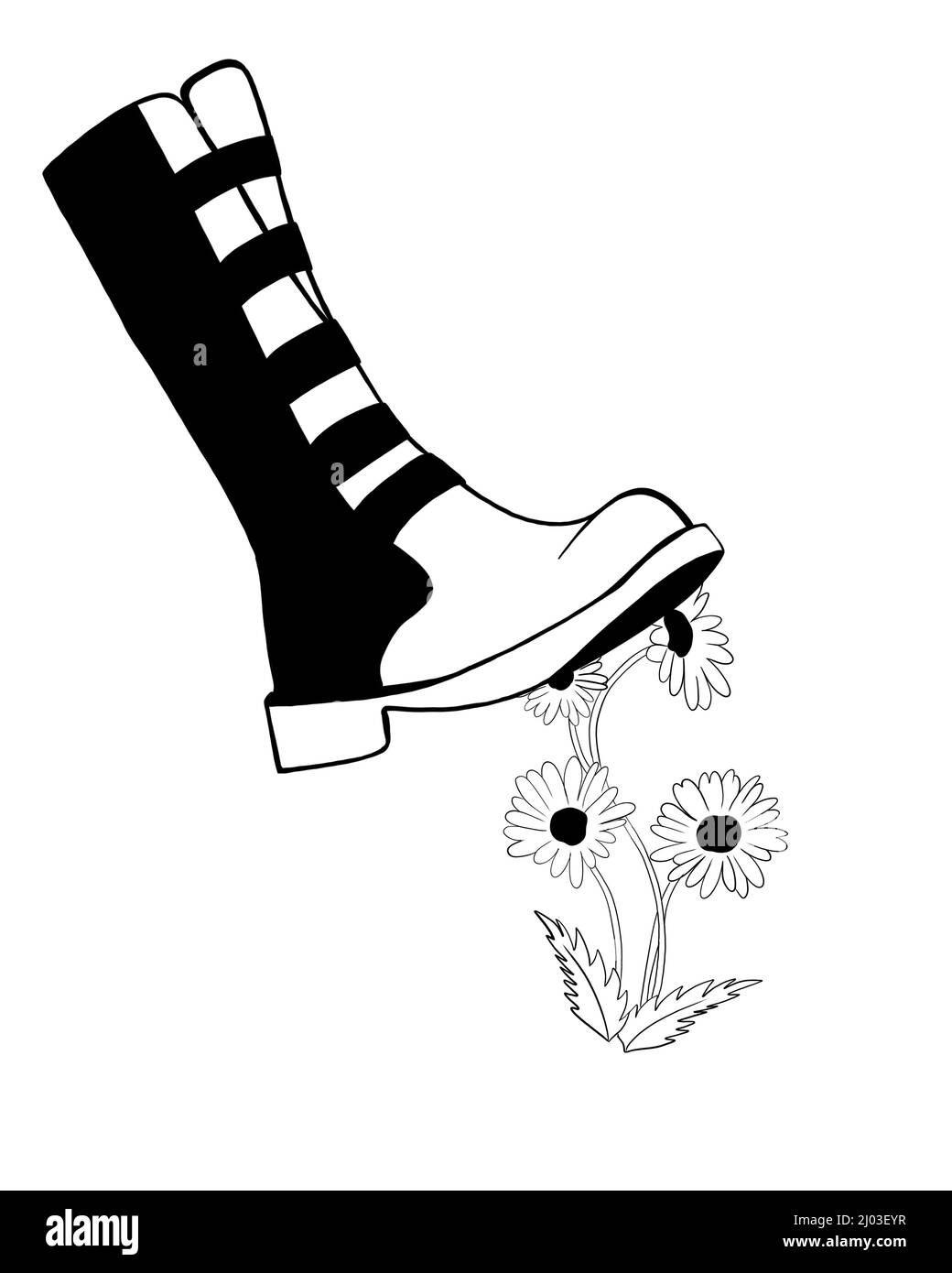 Krieg zwischen Russland und der Ukraine. Der russische Aggressor griff die friedliche Ukraine an. Militärstiefel trampelt eine Blume. Stockfoto