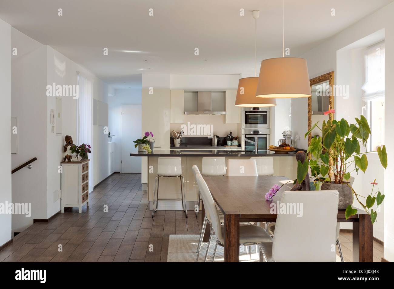 Offener Raum mit Ledertisch und Stühlen und einer modernen Küche mit Insel und Hockern im Hintergrund. Modernes Apartment. Niemand drinnen Stockfoto