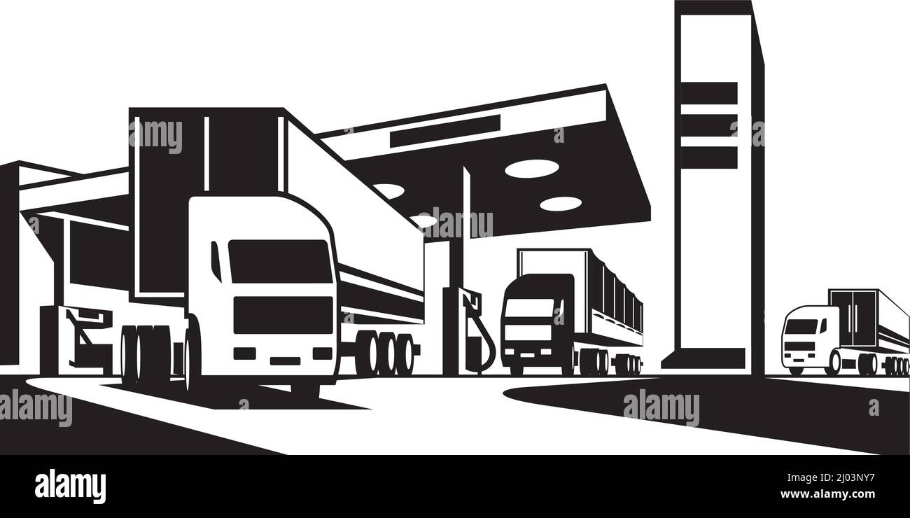Sattelzugmaschinen mit Anhängern an der Tankstelle – Vektorgrafik Stock Vektor