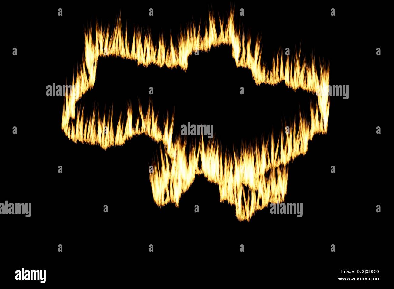 Ukraine Land Grenze Karte Umriss aus Burning Flames Effekt auf schwarzem Hintergrund gemacht Stockfoto