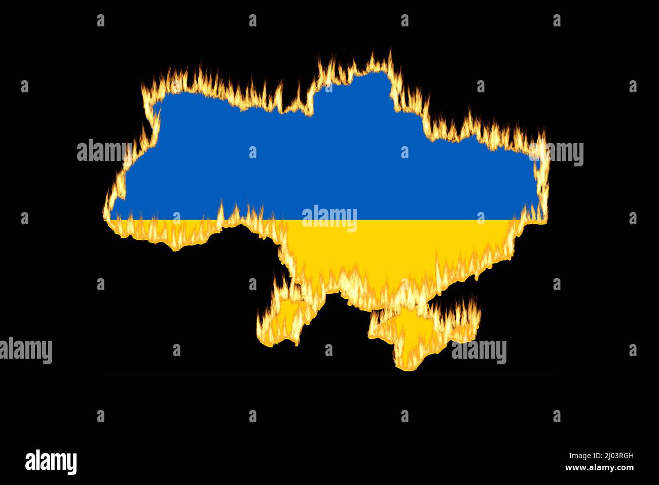 Ukraine Land Grenze Karte Umriss aus Burning Flames Effekt auf schwarzem Hintergrund gemacht Stockfoto
