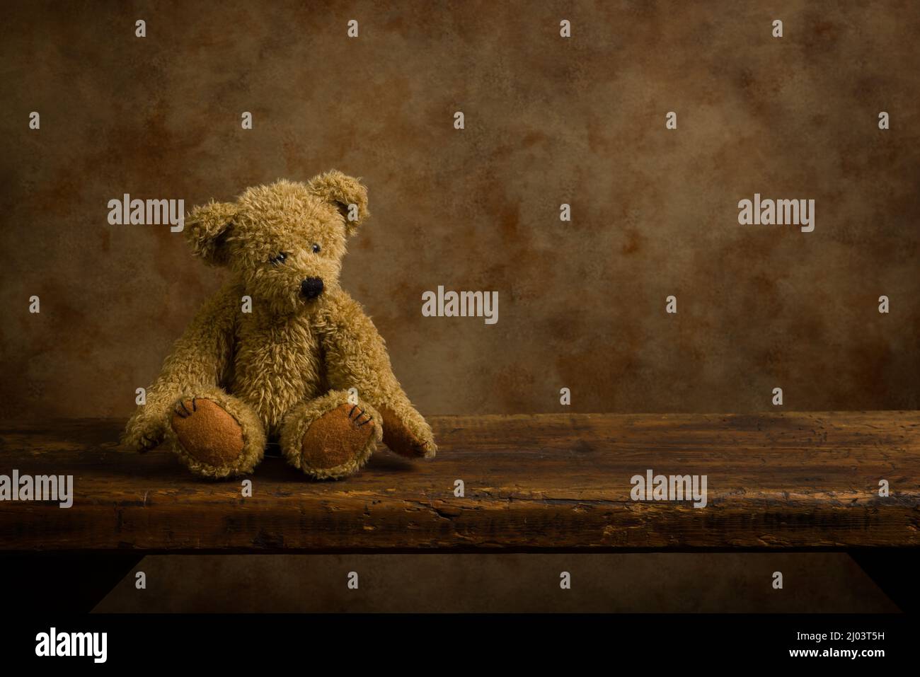 Plüsch-Teddybär auf einem rustikalen alten Holzregal. Dies ist für digitales Compositing geeignet. Stockfoto
