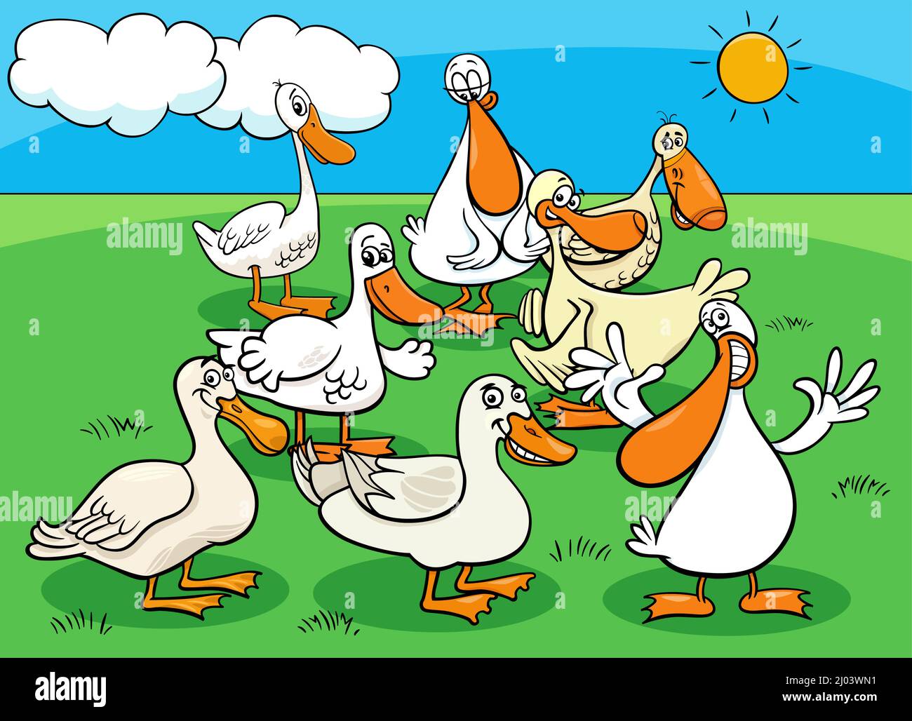 Cartoon Illustration von Enten Vögel Bauernhof Tier Charaktere Gruppe Stock Vektor