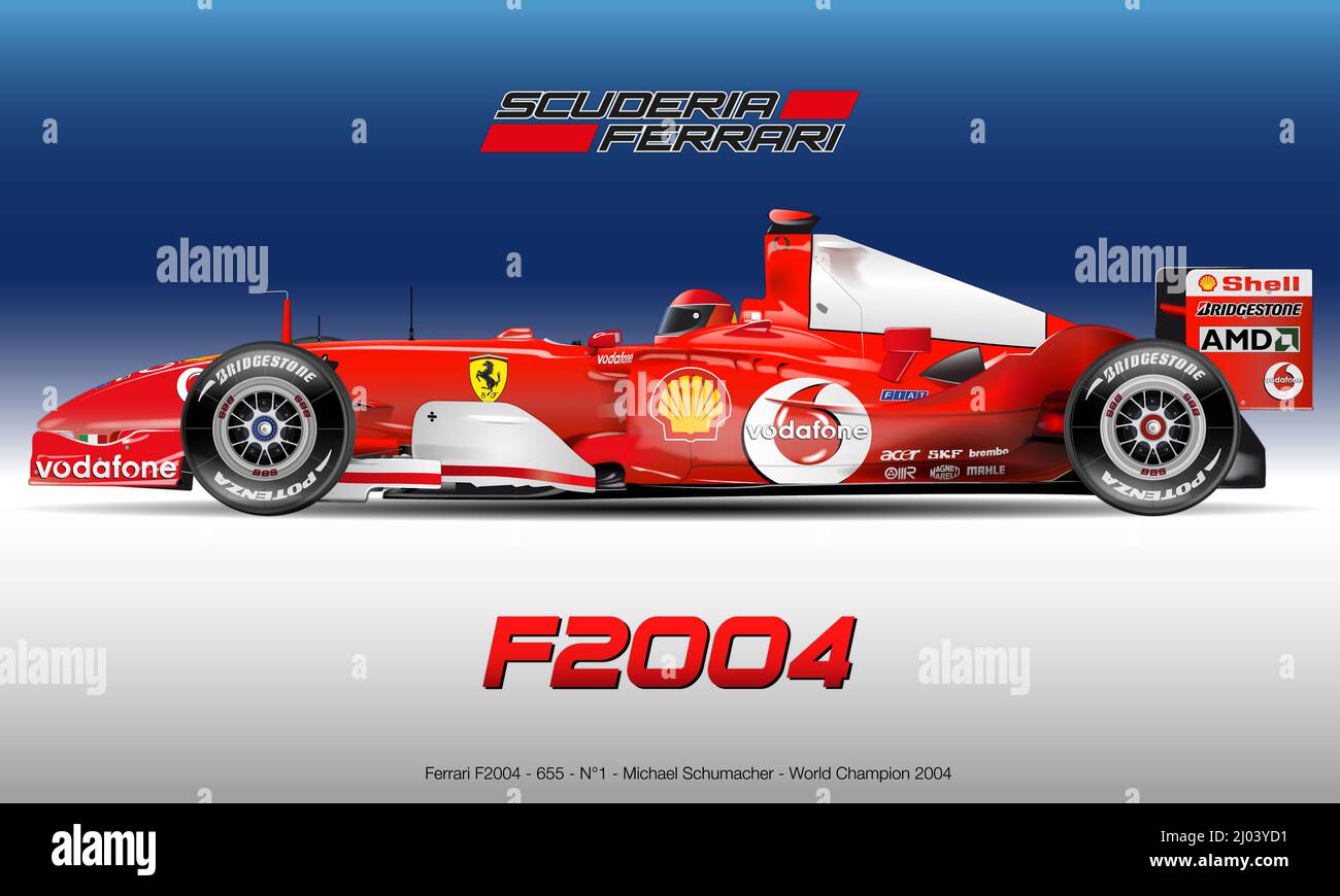 Maranello, Modena, Italien, Jahrgang 2004 - Ferrari F2004 Weltmeister F1 2004, Michael Schumacher, Illustration Stockfoto