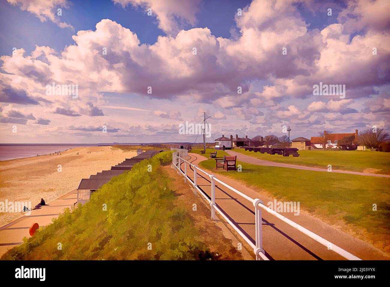 Gun Hill am Southwold Sea Front, Suffolk, England. Stockfoto